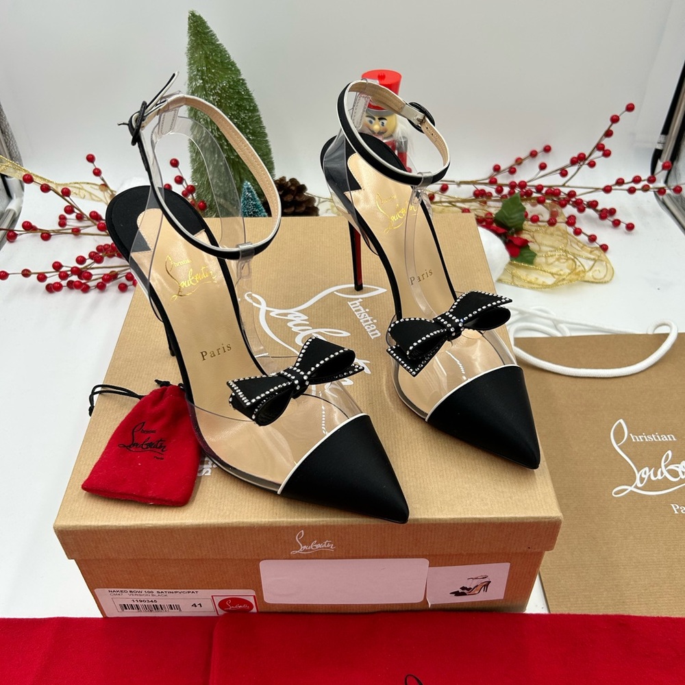 Women’s Christian Louboutin, naked bow 100 satin PVC pumps size 40.5 made Italy